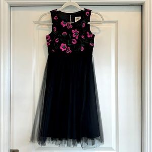 Milly Minis Tulle Dress. Girls 10. Black with embroidered Pink Flowers.